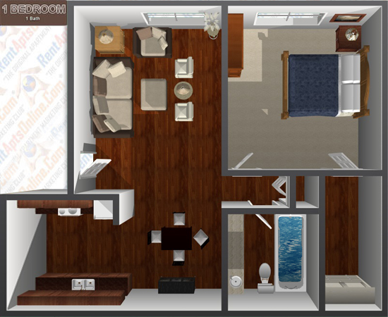 This image is the visual 3D representation of One Bedroom in River's Edge At Fair Oaks Apartments.
