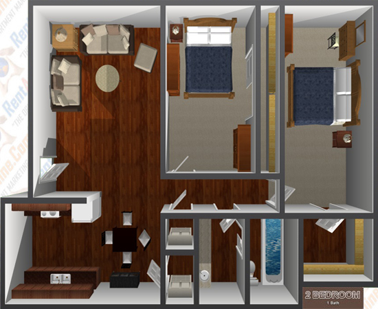 This image is the visual 3D representation of Two Bedroom in River's Edge At Fair Oaks Apartments.