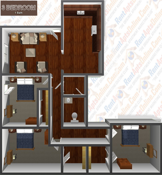 This image is the visual 3D representation of Three Bedroom in River's Edge At Fair Oaks Apartments.