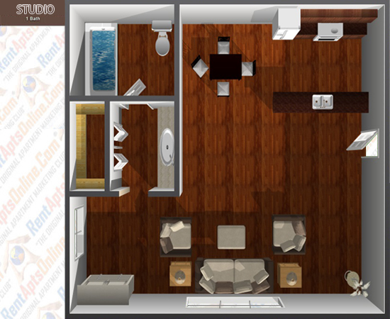 This image is the visual 3D representation of Studio in River's Edge At Fair Oaks Apartments.