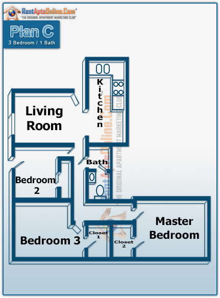 This image is the visual schematic representation of Three Bedroom in River's Edge At Fair Oaks Apartments.